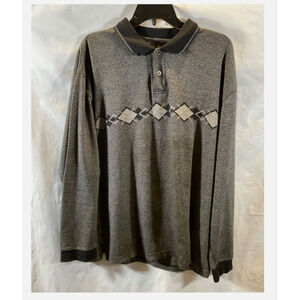 Marc Edwards Polo Shirt Mens XL Gray Long Sleeve Argyle Knit Diamond Pattern